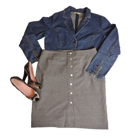 LOFT Grey Black Houndstooth Button Front Lined Straight Skirt Size 12 - Picture 10 of 15